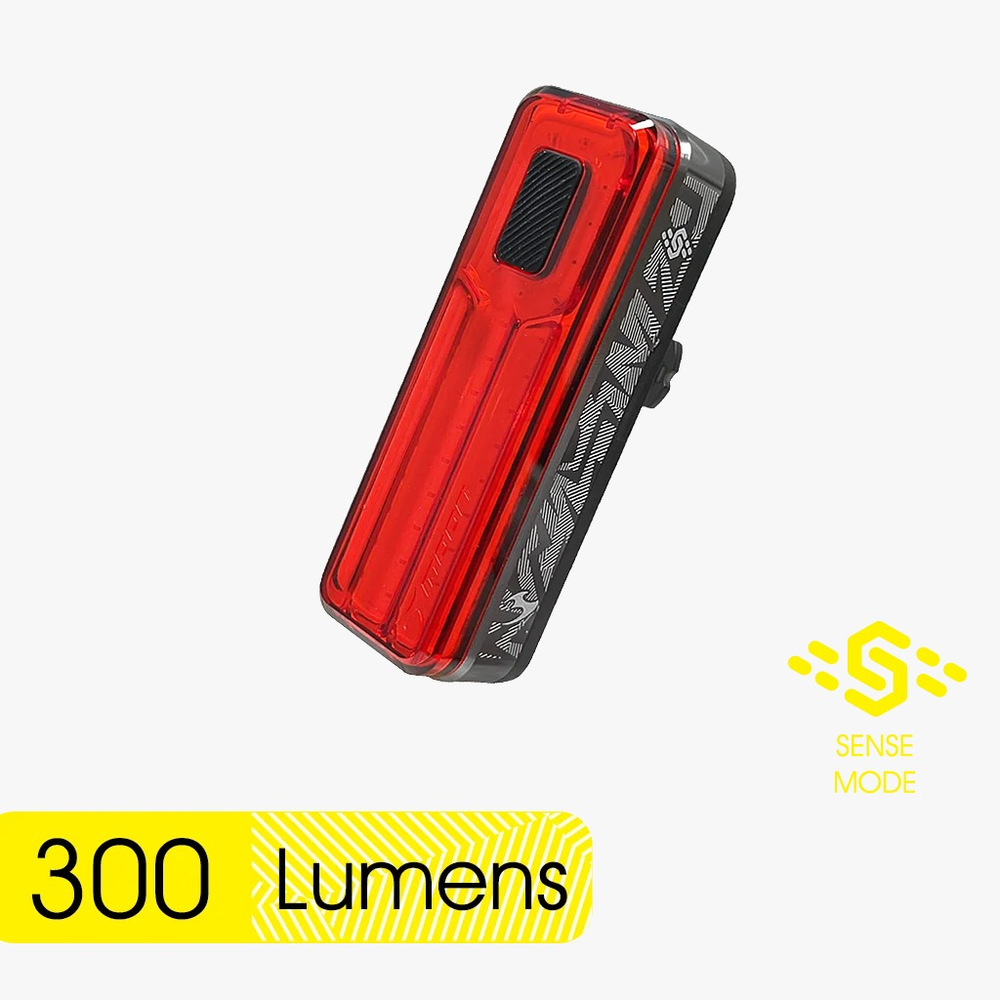 MOON Helix Sense 300 Smart Rear Light MOON Helix Sense 300 lumen smart bicycle rear light with CNC aluminum heatsink casing and brake sensor displayed against a clean background