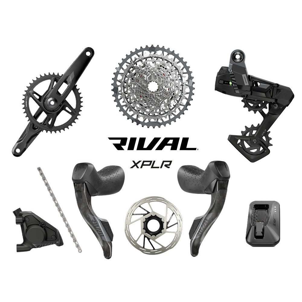 SRAM Rival XPLR AXS Wide HRD E1 1x13 wireless gravel groupset featuring integrated DUB-PWR power meter crankset and hydraulic disc brake calipers displayed against a clean background